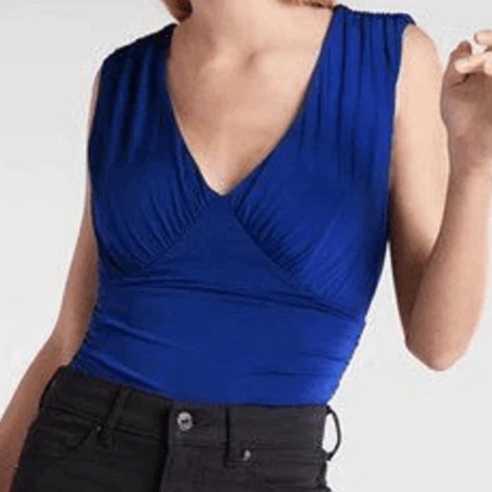 EXPRESS PLUNGING V-NECK RUCHED WRAP BODYSUIT ROYAL BLUE SZ S